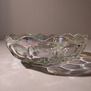 Vintage Federal Yorktown Clear Iridescent Carnival Glass Bowl Scalloped Edges
